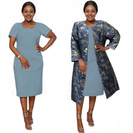 Sky-blue midi dress with navy floral jacket layer, elbow sleeves and open front