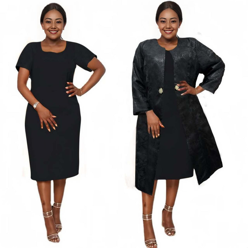 Black midi dress with dark floral jacket layer, elbow sleeves and open front