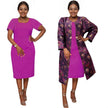 Magenta midi dress with purple floral jacket layer, elbow sleeves and open front