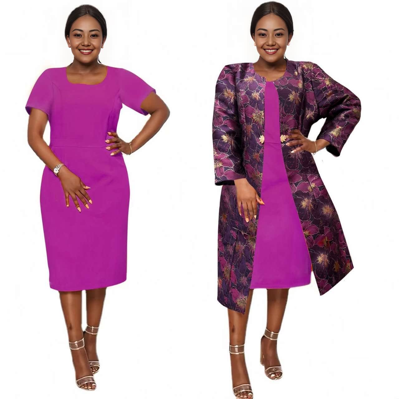 Magenta midi dress with purple floral jacket layer, elbow sleeves and open front