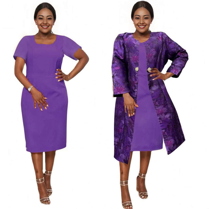 Purple midi dress with floral jacket layer, elbow sleeves and open front