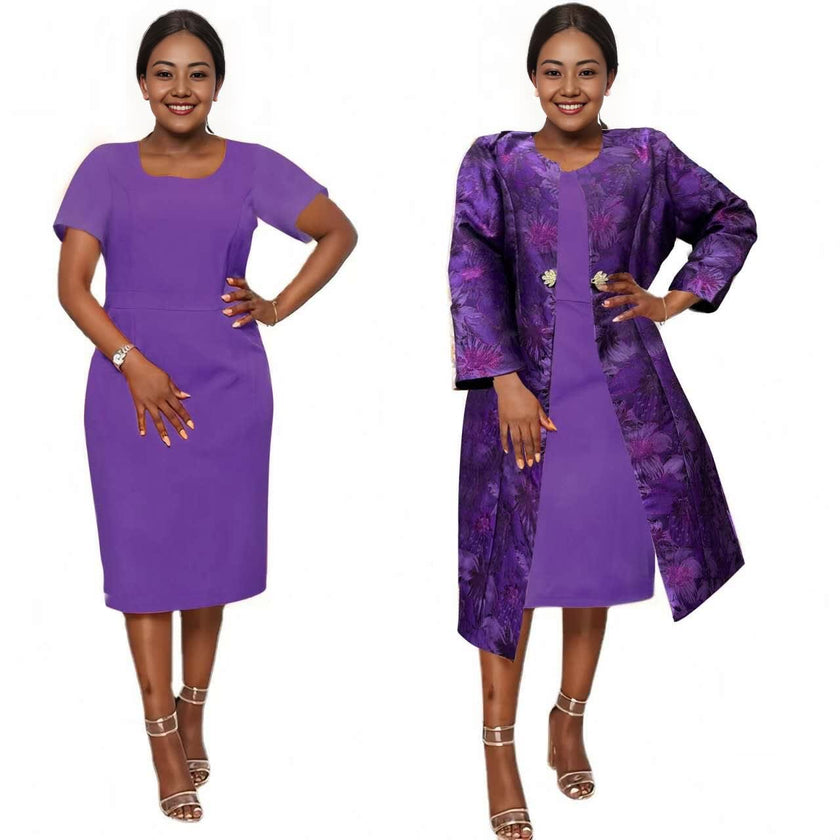 Purple midi dress with floral jacket layer, elbow sleeves and open front