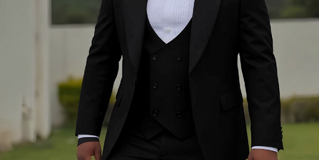 Men's black three-piece tuxedo suit with shawl lapels, white shirt, and bow tie