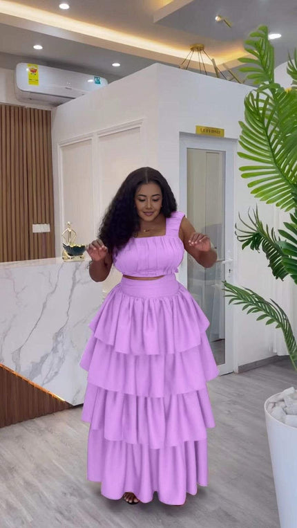 Layered ruffle maxi dress, light purple tiered skirt and square neckline
