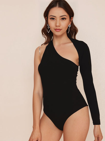 Black one-shoulder long-sleeve bodysuit with asymmetrical neckline and high-cut leg