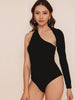 Black one-shoulder long-sleeve bodysuit with asymmetrical neckline and high-cut leg