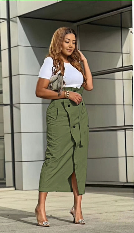 Olive midi skirt with high waist, button front, and front slit