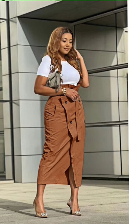 Brown midi skirt with high waist, button front, and front slit