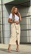 Beige midi skirt with high waist, button front, and front slit
