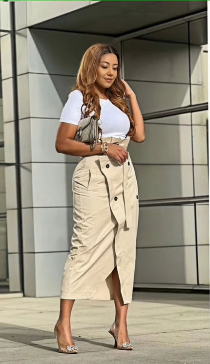 Beige midi skirt with high waist, button front, and front slit