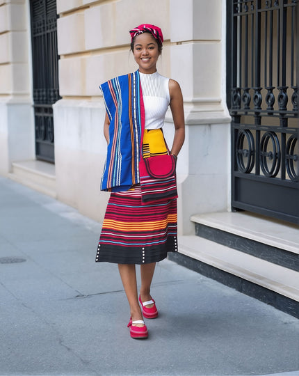 5-piece striped skirt set in blue and magenta with matching top, skirt, and headwrap