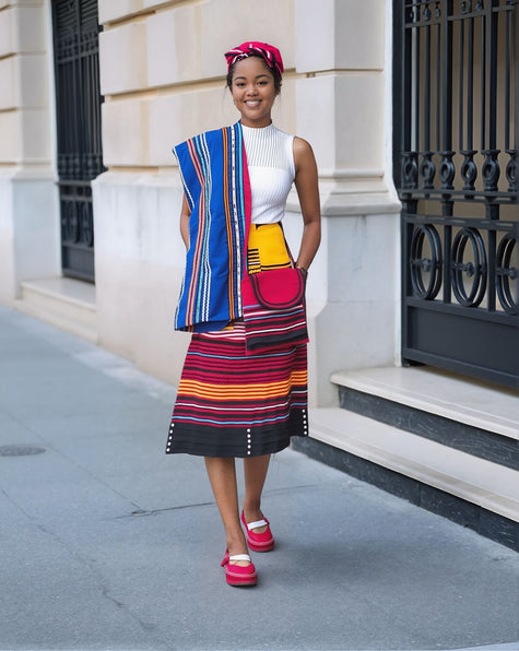 5-piece striped skirt set in blue and magenta with matching top, skirt, and headwrap