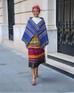 5-piece striped skirt set with blue cape-style layer over white top and patterned skirt