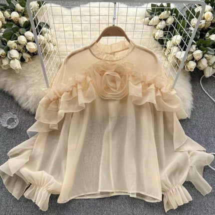 Sheer floral ruffle top, light cream with tiered ruffles and puff sleeves