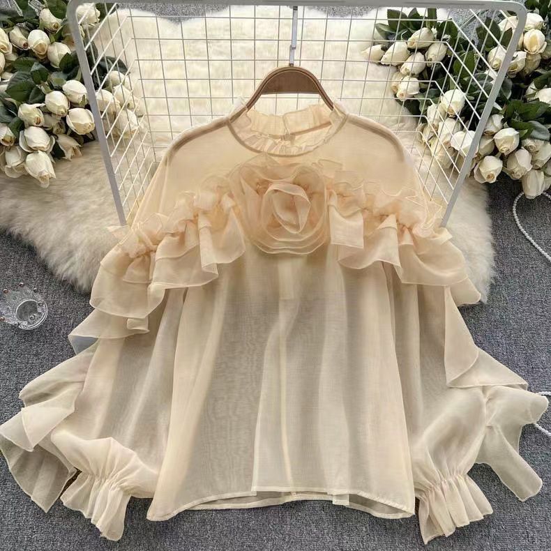 Sheer Long-Sleeve Top with Ruffle Details and Floral Neckline Embellishments