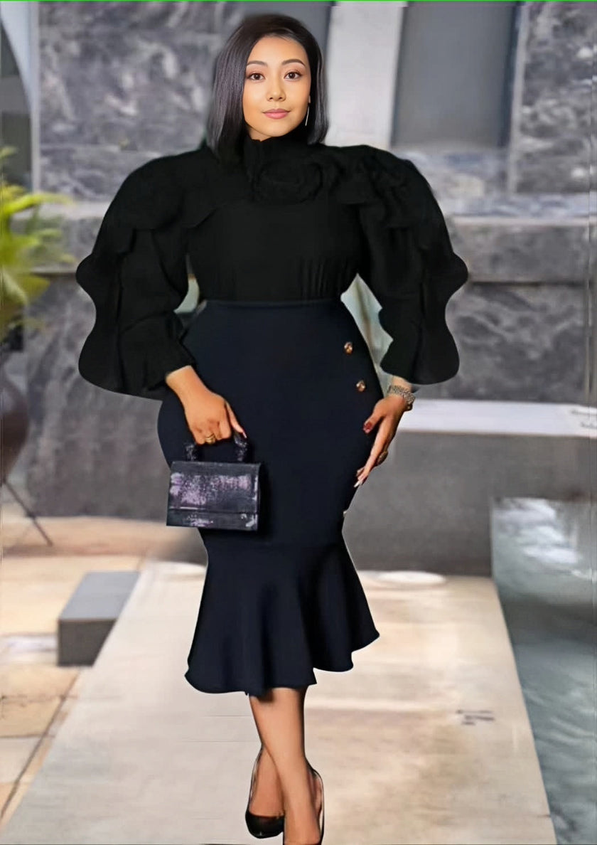 Sheer Long-Sleeve Top with Ruffle Details and Floral Neckline Embellishments