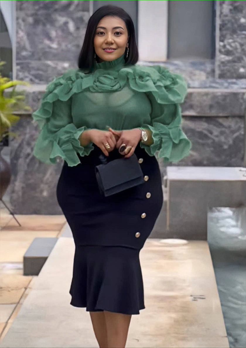 Sheer Long-Sleeve Top with Ruffle Details and Floral Neckline Embellishments