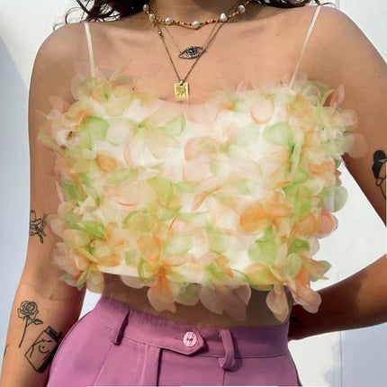 Layered petal crop top with orange-lime pastel ruffle petals, spaghetti straps