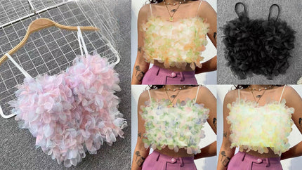 Layered petal crop tops in pastel pink, pastel green, and black, spaghetti straps