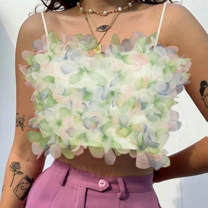 Layered petal crop top with light green and pastel floral ruffles, spaghetti straps