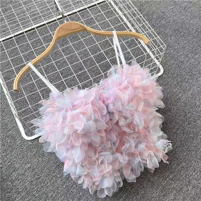 Layered petal crop top with soft pink pastel ruffle petals, spaghetti straps