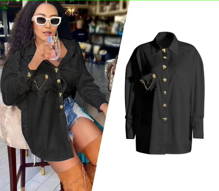 Long-Sleeve Blouse with Ruffled Front and Button Detailing