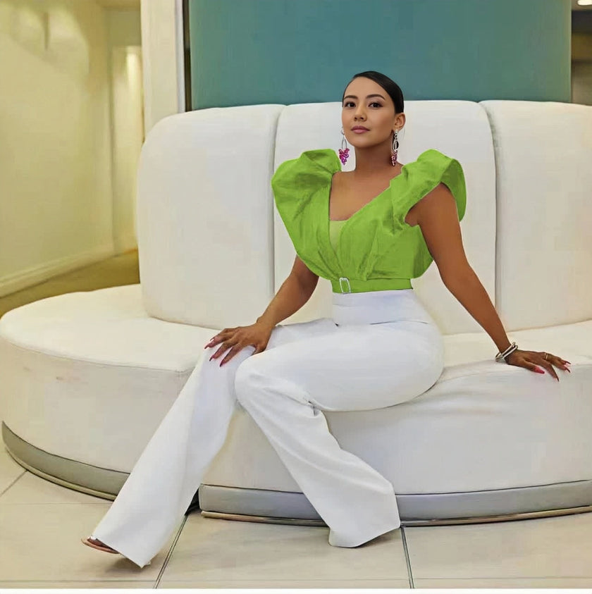 Ruffled Sleeve Fitted Bodice Top