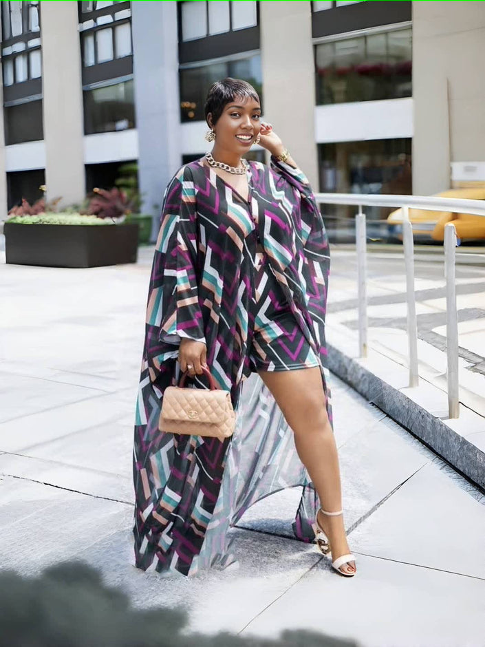 Geometric print cardigan and shorts set, purple and black, relaxed long cardigan