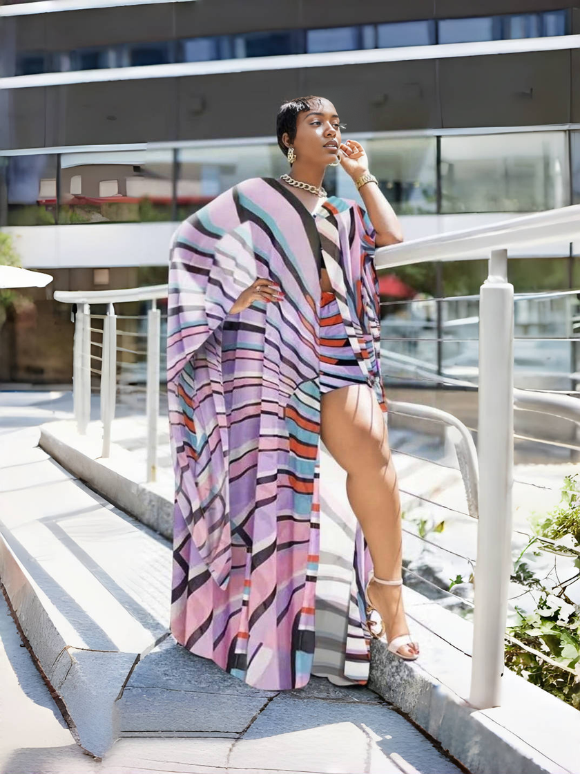 Geometric Print Cardigan and Shorts Set