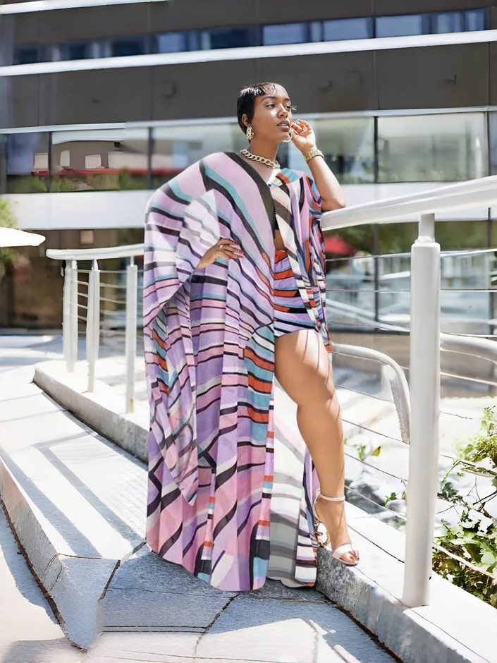 Geometric print cardigan shorts set with long striped outer, purple and black