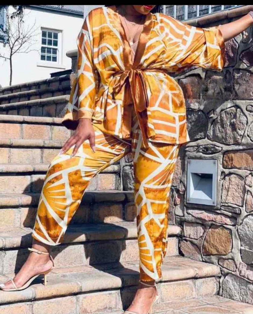 Bold Stripe Print Wide-Sleeve Tie-Waist Blouse with Coordinating Pants