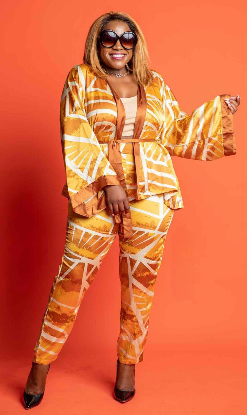 Bold Stripe Print Wide-Sleeve Tie-Waist Blouse with Coordinating Pants