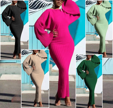 Knitted maxi dress with puff sleeves, ribbed fitted silhouette and long length