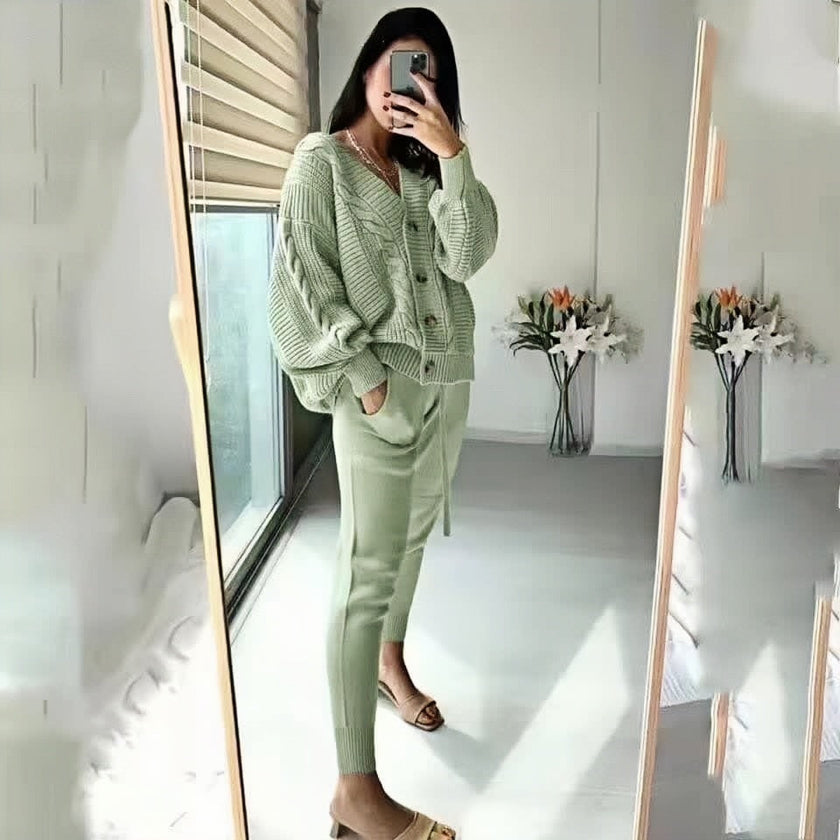 Casual Knit Twin Set Cardigan Slim Trouser Chic