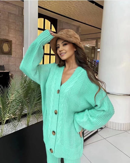 Knit twin set cardigan and slim trousers, mint green button-front knit top and pants