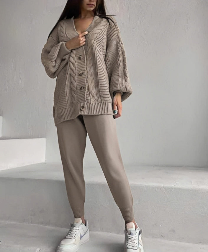 Knit twin set cardigan and slim trousers, taupe knit sweater and slim khaki pants