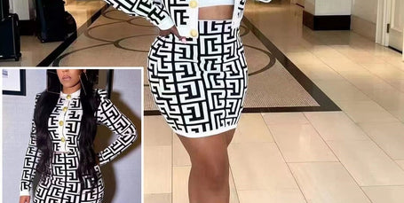 Printed crop jacket and matching skirt twin set with black-and-white geometric maze pattern