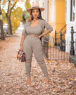 Khaki knit three-piece set with cropped top, open cardigan, and capri pants