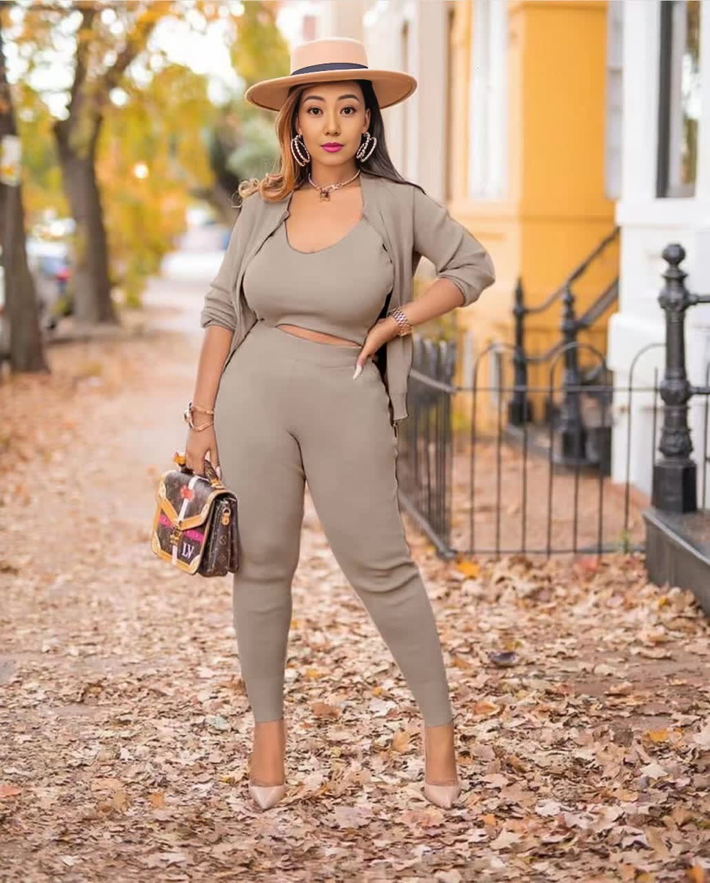 Khaki knit three-piece set with cropped top, open cardigan, and capri pants