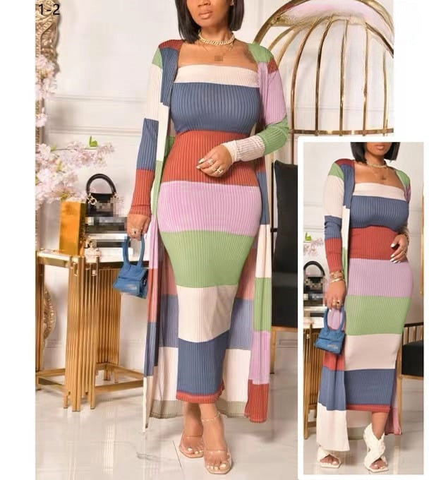 Striped Pattern Knit Long Sleeve Top and Mid-Length Dress Set
