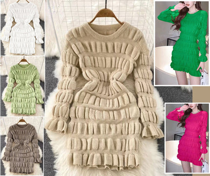 Beige ribbed knit dress, long sleeves, tiered ruffle skirt and stretchy waist