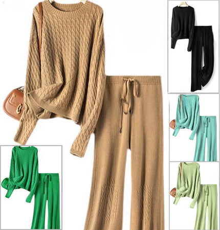 Knit Twin Set: tan cable-knit sweater with matching drawstring waist pants