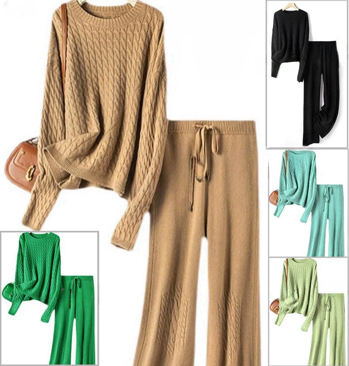 Knit Twin Set: tan cable-knit sweater with matching drawstring waist pants