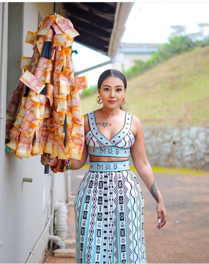 Sleeveless printed twin set maxi dress with crop top and long skirt, blue and white geometric pattern