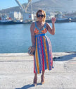 Geometric knit midi skirt with cropped top, bright vertical stripes and geometric motifs