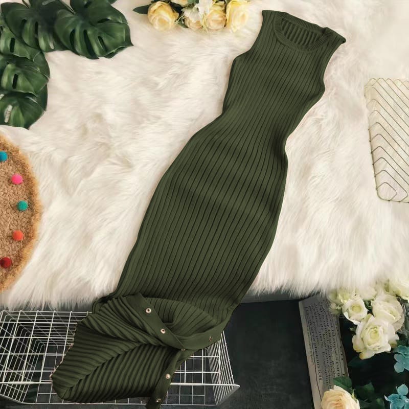 Ribbed Knit Sleeveless Dress with Flared Hemline