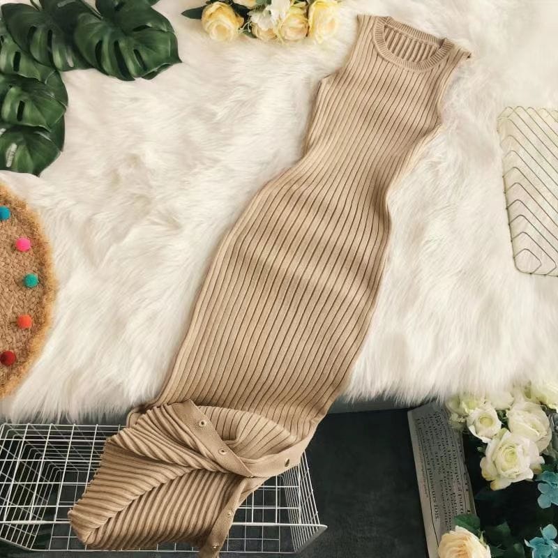 Ribbed Knit Sleeveless Dress with Flared Hemline