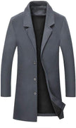 Grey slim fit long coat detail: notch lapels and three-button front