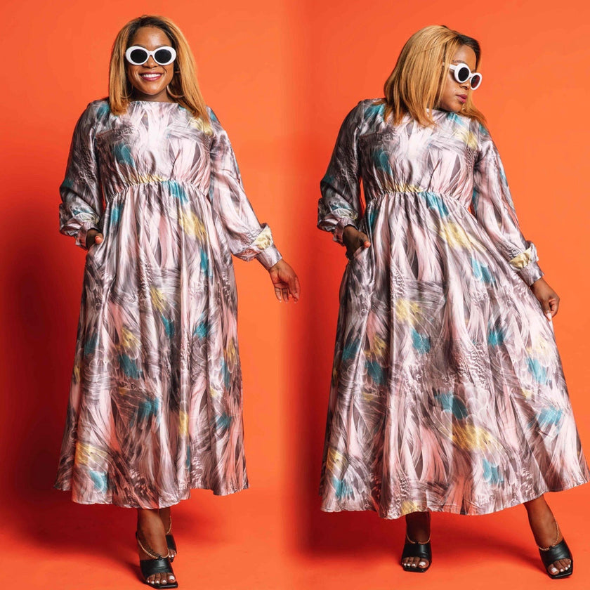 Abstract Print Gathered Waist Maxi Dress