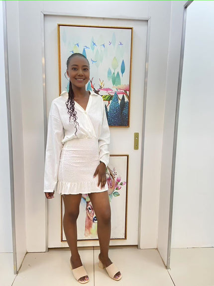 Twin Set White Shirt V-Neck Skirt Ruffle Waist